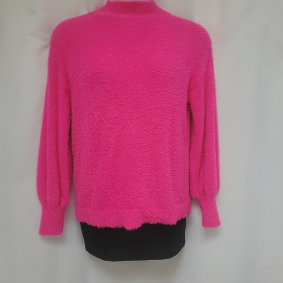 Chicos Eyelash Sweater Hot Pink Soft fuzzy Long Sleeve Mock Neck Size 1 Med - Picture 2 of 13